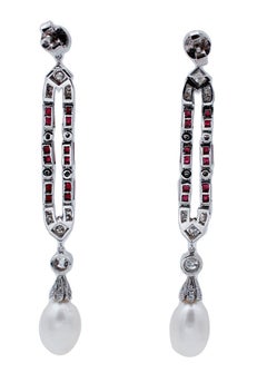 Diamonds, Rubies, Pearls, Platinum Dangle Earrings