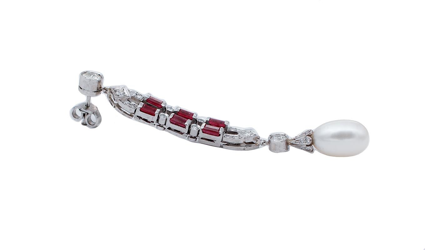 Retro Diamonds, Rubies, Pearls, Platinum Dangle Earrings