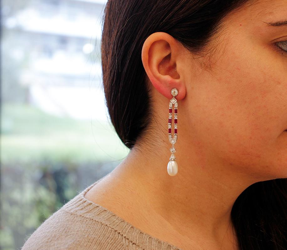 Mixed Cut Diamonds, Rubies, Pearls, Platinum Dangle Earrings