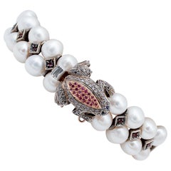 Diamonds, Rubies, Sapphires, Garnets, Pearls, 9Kt Rose Gold and Silver Retrò Bracelet