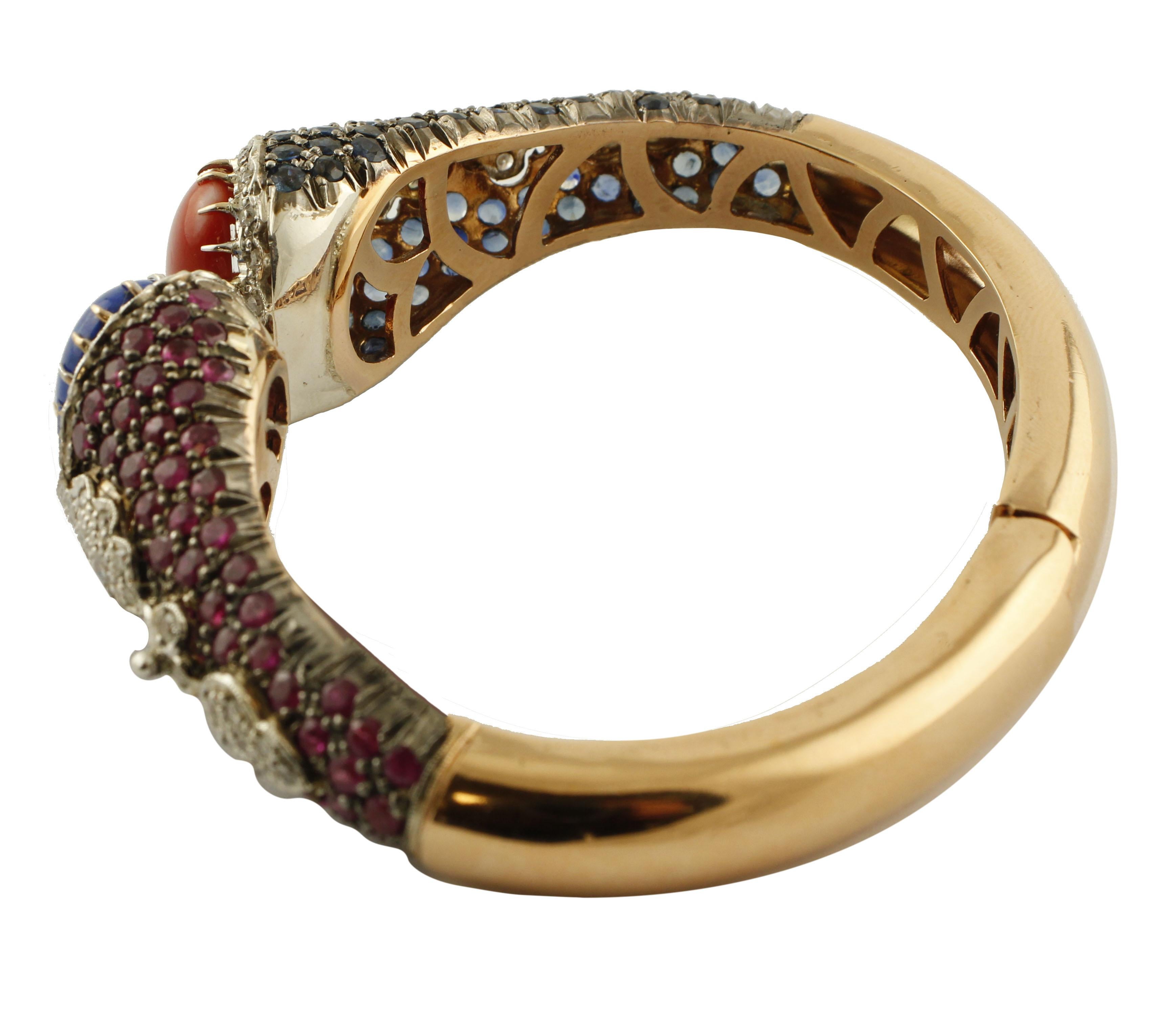 Retro Diamonds, Rubies, Sapphires, Red Coral, Lapis Rose Gold Silver Cuff Bracelet