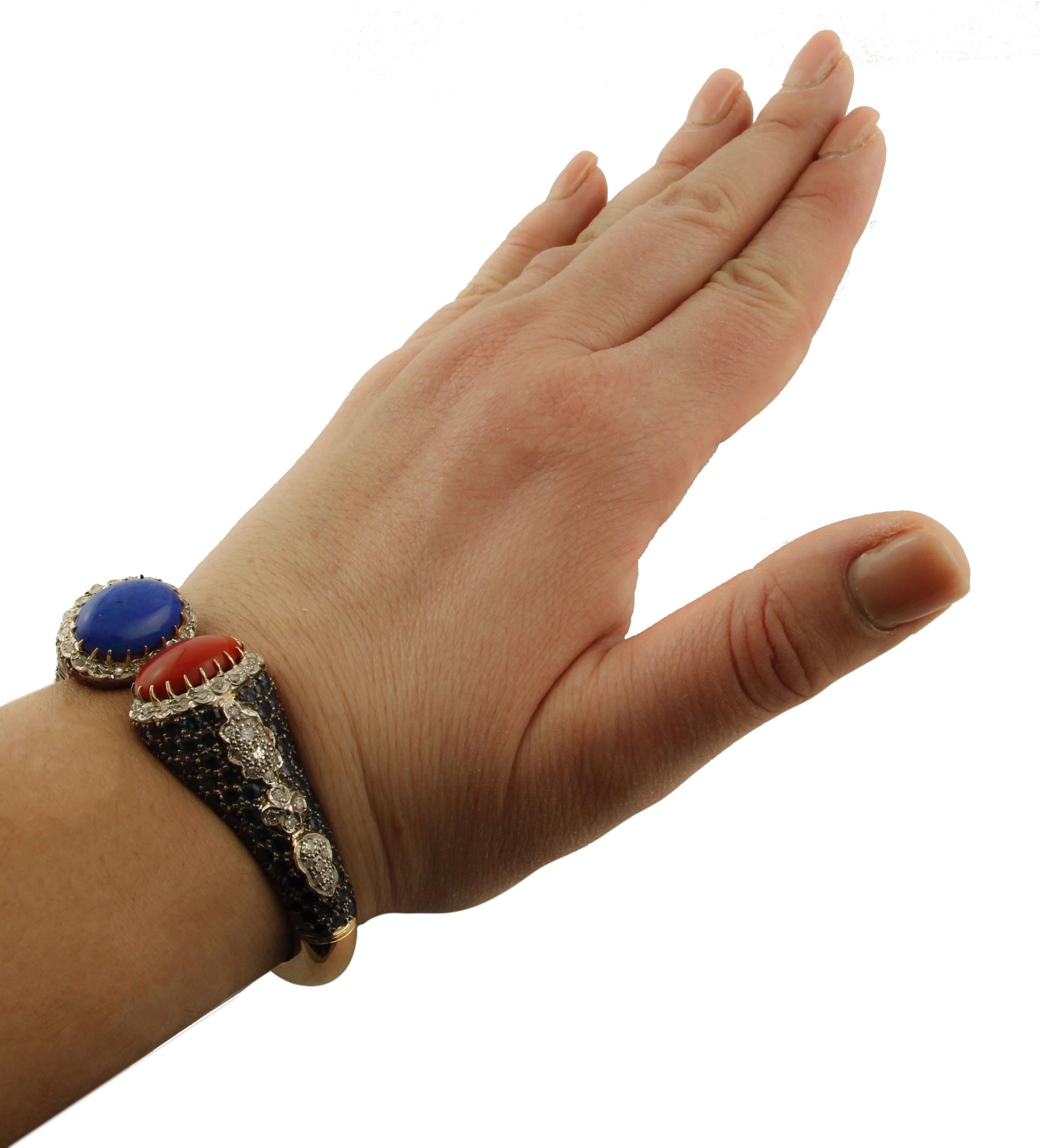 Women's Diamonds, Rubies, Sapphires, Red Coral, Lapis Rose Gold Silver Cuff Bracelet