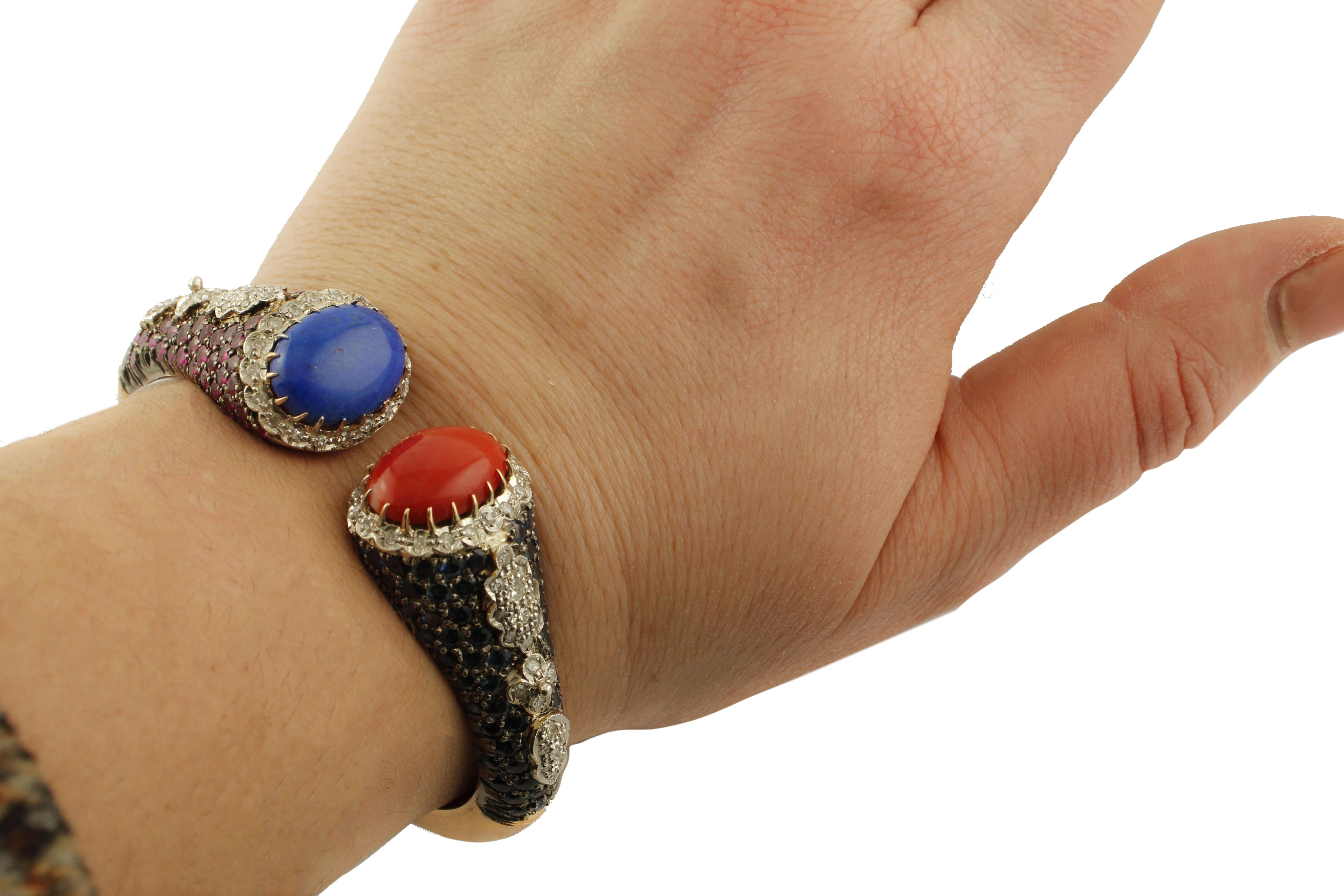 Diamonds, Rubies, Sapphires, Red Coral, Lapis Rose Gold Silver Cuff Bracelet 1