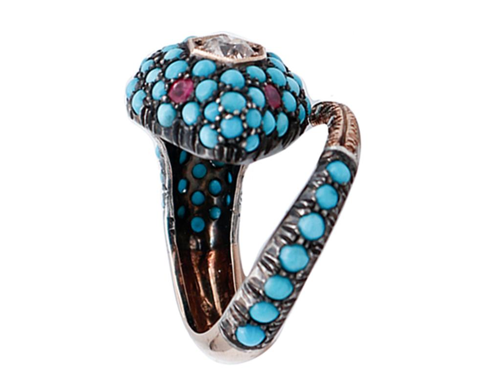 Retro Diamonds, Rubies, Turquoise, 9 Karat Rose Gold and Silver Gold Snake Ring