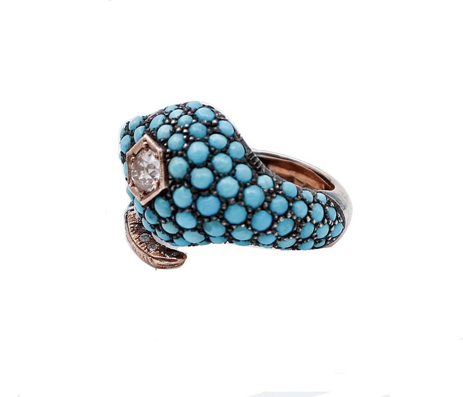 Mixed Cut Diamonds, Rubies, Turquoise, 9 Karat Rose Gold and Silver Gold Snake Ring