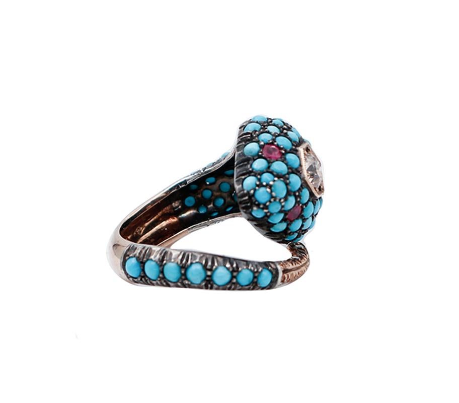Diamonds, Rubies, Turquoise, 9 Karat Rose Gold and Silver Gold Snake Ring In Good Condition In Marcianise, Marcianise (CE)