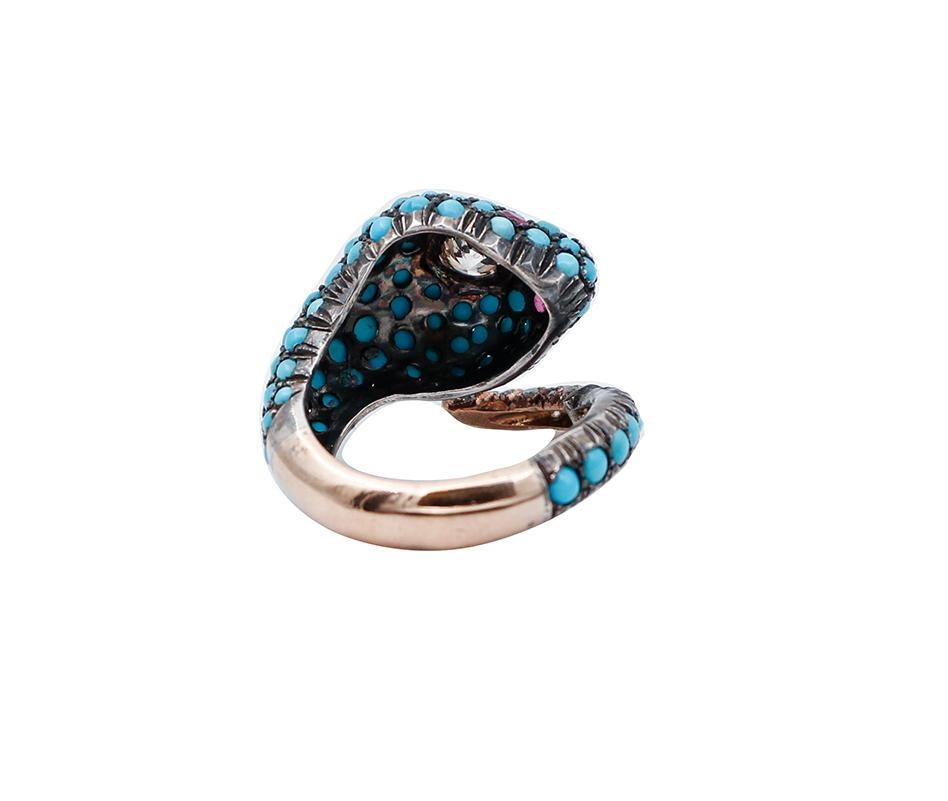 Women's Diamonds, Rubies, Turquoise, 9 Karat Rose Gold and Silver Gold Snake Ring