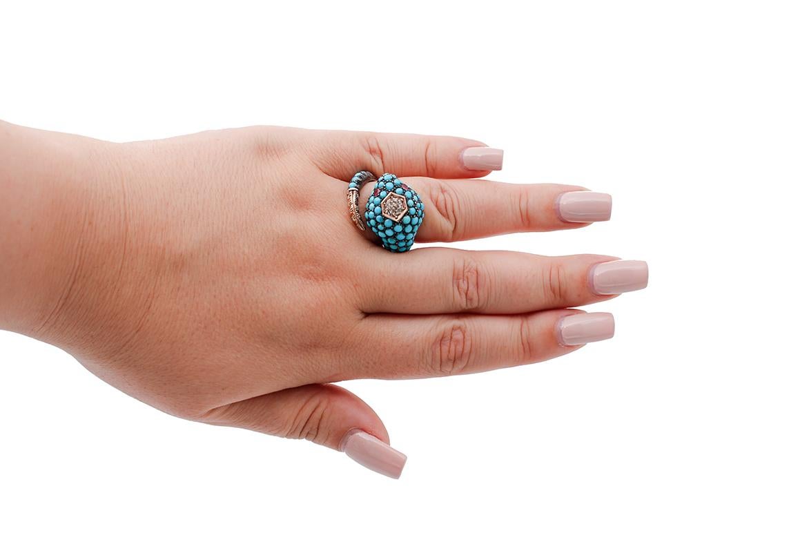 Diamonds, Rubies, Turquoise, 9 Karat Rose Gold and Silver Gold Snake Ring 1