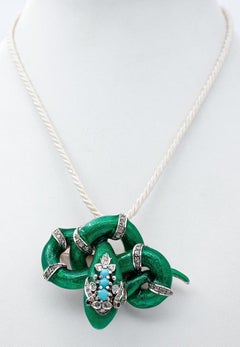 Diamonds, Rubies, Turquoise, Enamel, 14Kt  Gold and Silver Brooch/Pendant Necklace.