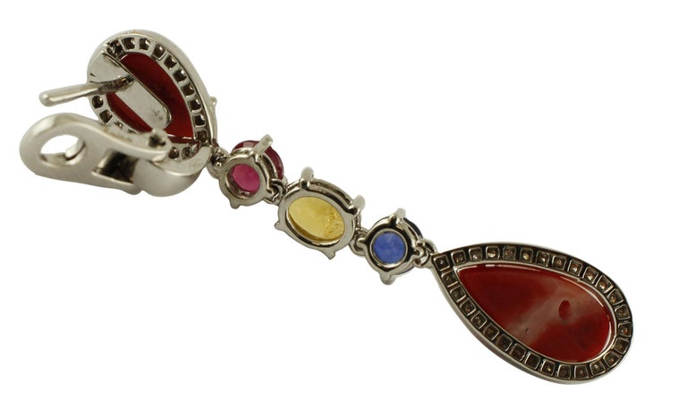 Diamonds,Rubies, Yellow/Blue Sapphires, Red Coral Drops 18K Gold Dangle ...