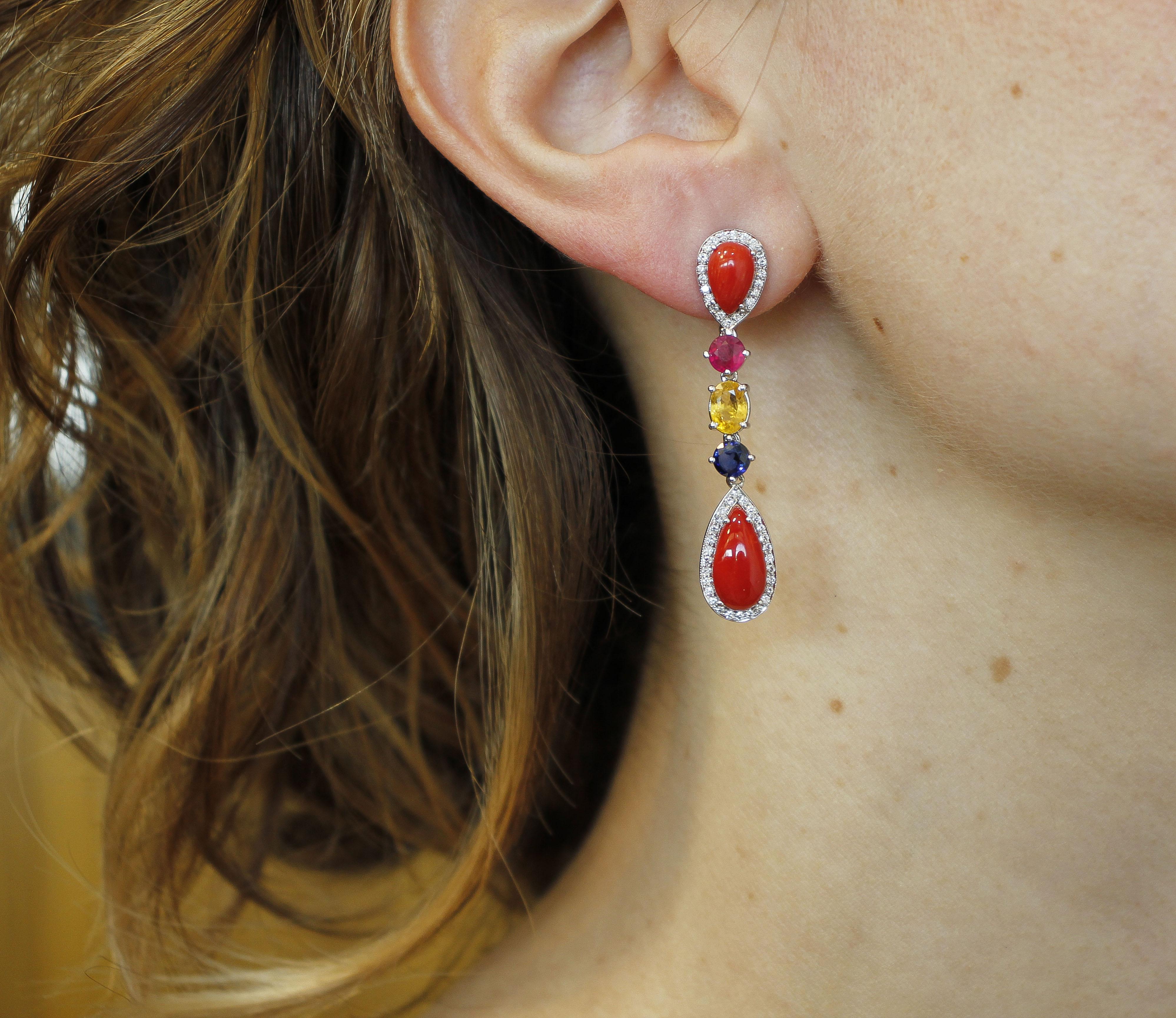 Women's Diamonds, Rubies, Yellow/Blue Sapphires, Red Coral  18K Gold Dangle Earring For Sale