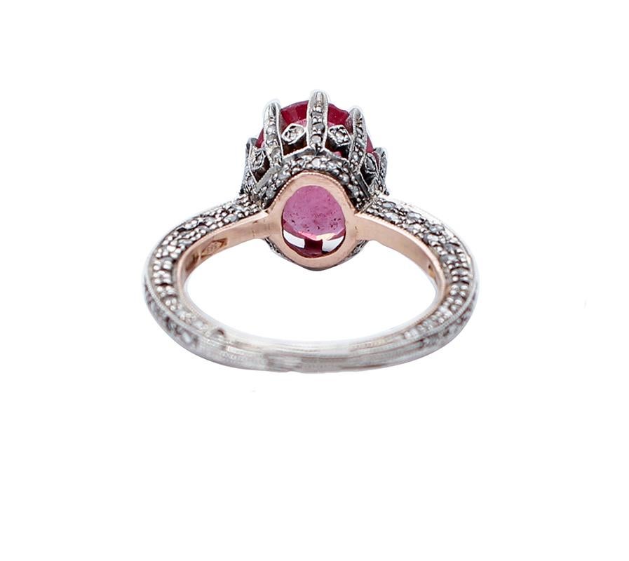 Retro Diamonds, Ruby, 14 Karat Rose Gold and Silver Retrò Ring