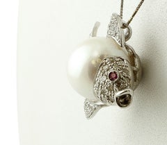 Diamonds, Ruby, South Sea Pearl, 14 Kt White Gold  Fish-Shaped Pendant