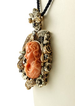 Engraved  Coral, Diamonds, Sapphires, Emeralds, Ruby, Gold and Silver Pendant