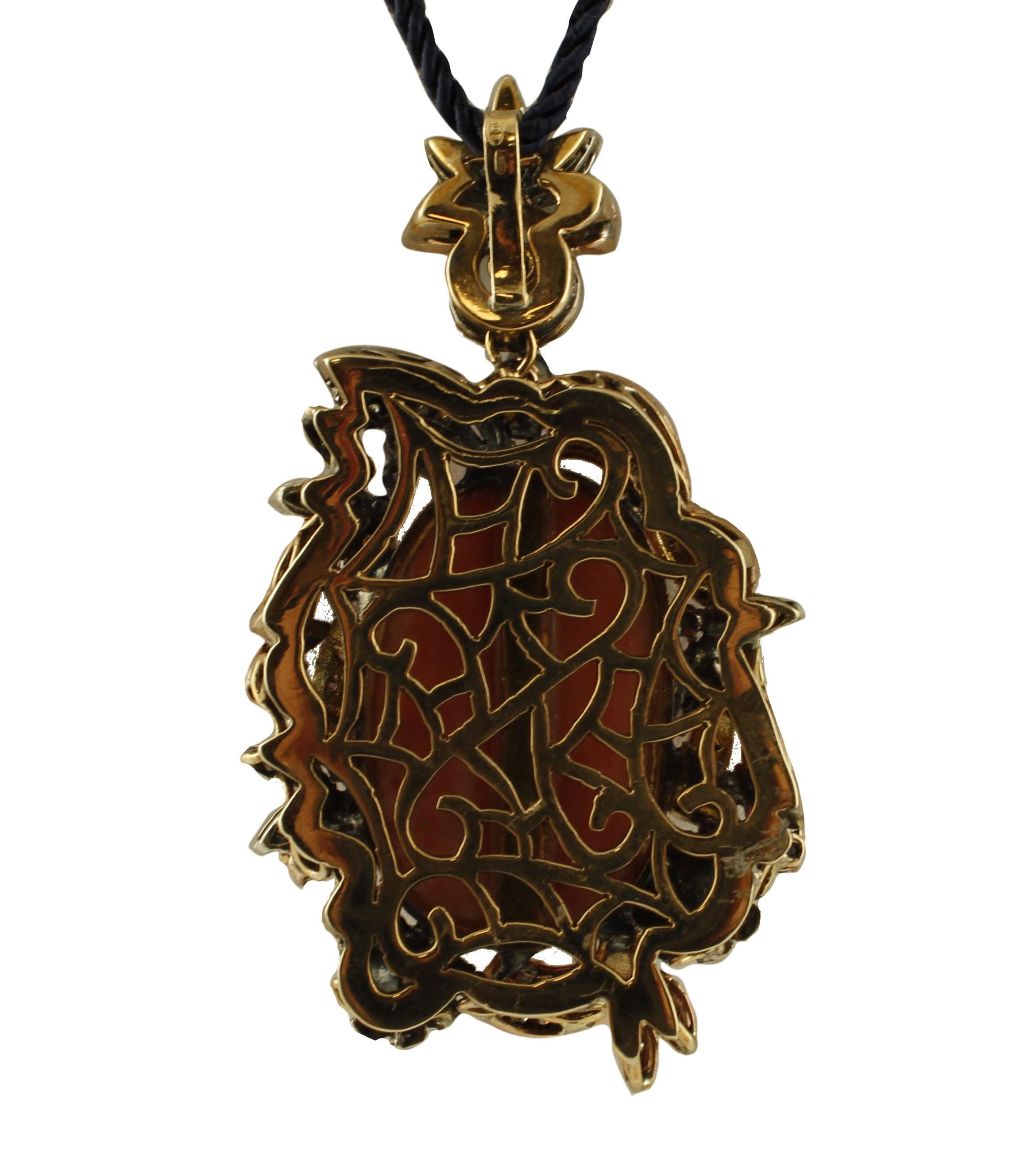 Round Cut Engraved  Coral, Diamonds, Sapphires, Emeralds, Ruby, Gold and Silver Pendant For Sale