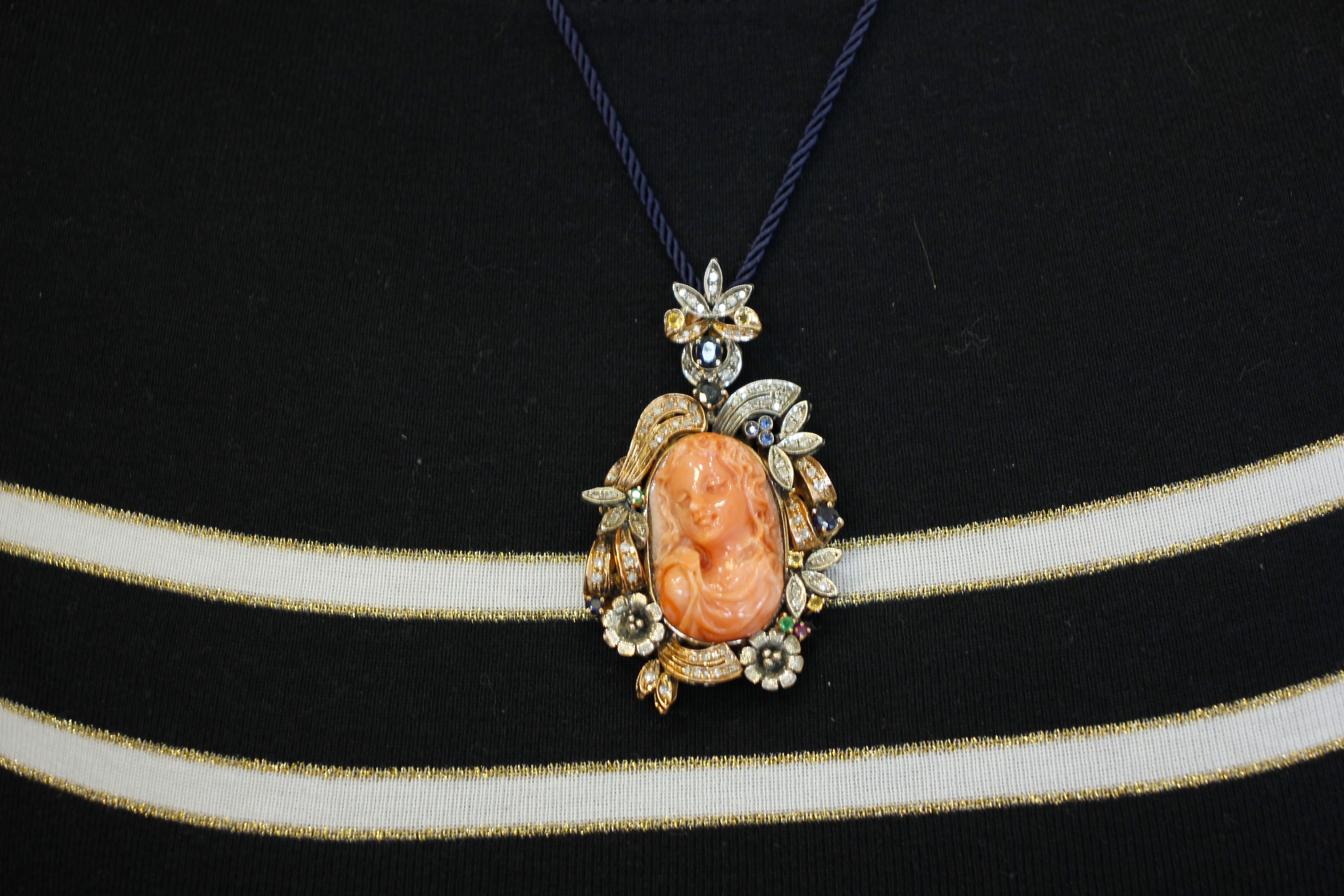 Engraved  Coral, Diamonds, Sapphires, Emeralds, Ruby, Gold and Silver Pendant For Sale 2