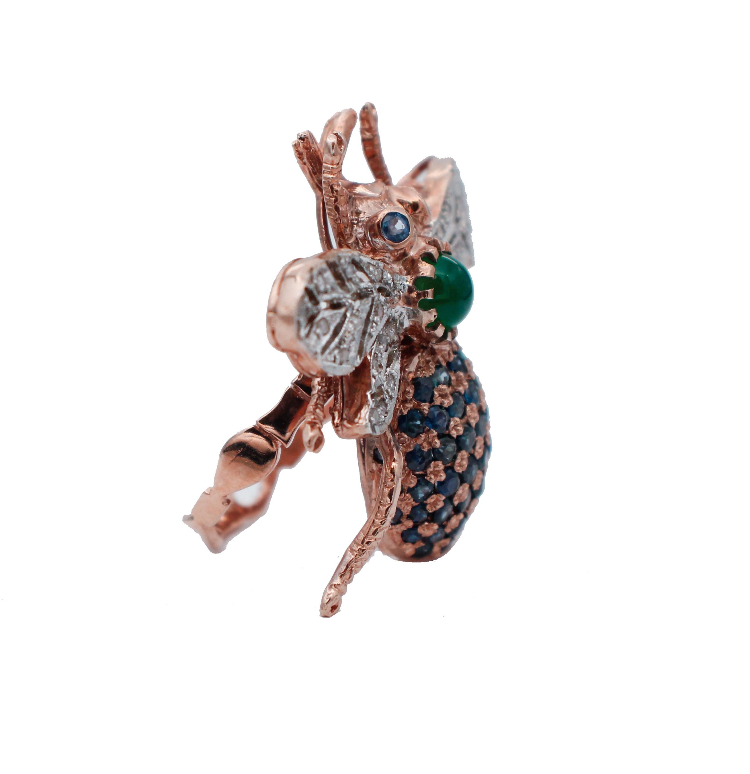 Contemporary Diamonds, Sapphires, Green Agate, 9 Karat Rose Gold and Silver Fly Shape Ring