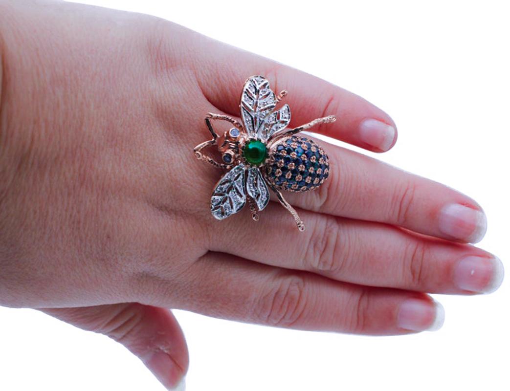 Diamonds, Sapphires, Green Agate, 9 Karat Rose Gold and Silver Fly Shape Ring In New Condition In Marcianise, Marcianise (CE)