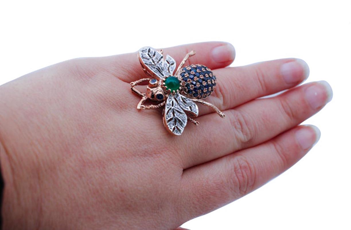 Women's Diamonds, Sapphires, Green Agate, 9 Karat Rose Gold and Silver Fly Shape Ring
