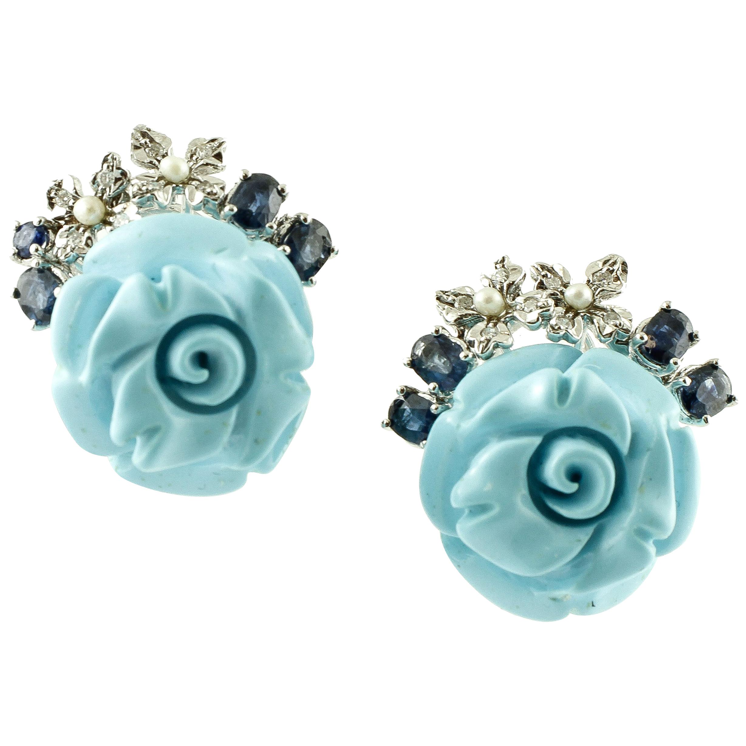 Diamonds, Sapphires, Little Pearls, Turquoise, Roses, 14 Karat Gold Earrings For Sale