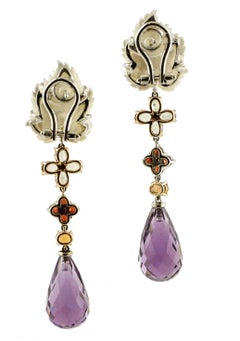 Diamonds, Sapphires, White Stones, Hydro. Amethyst, 14 Karat Gold Earrings