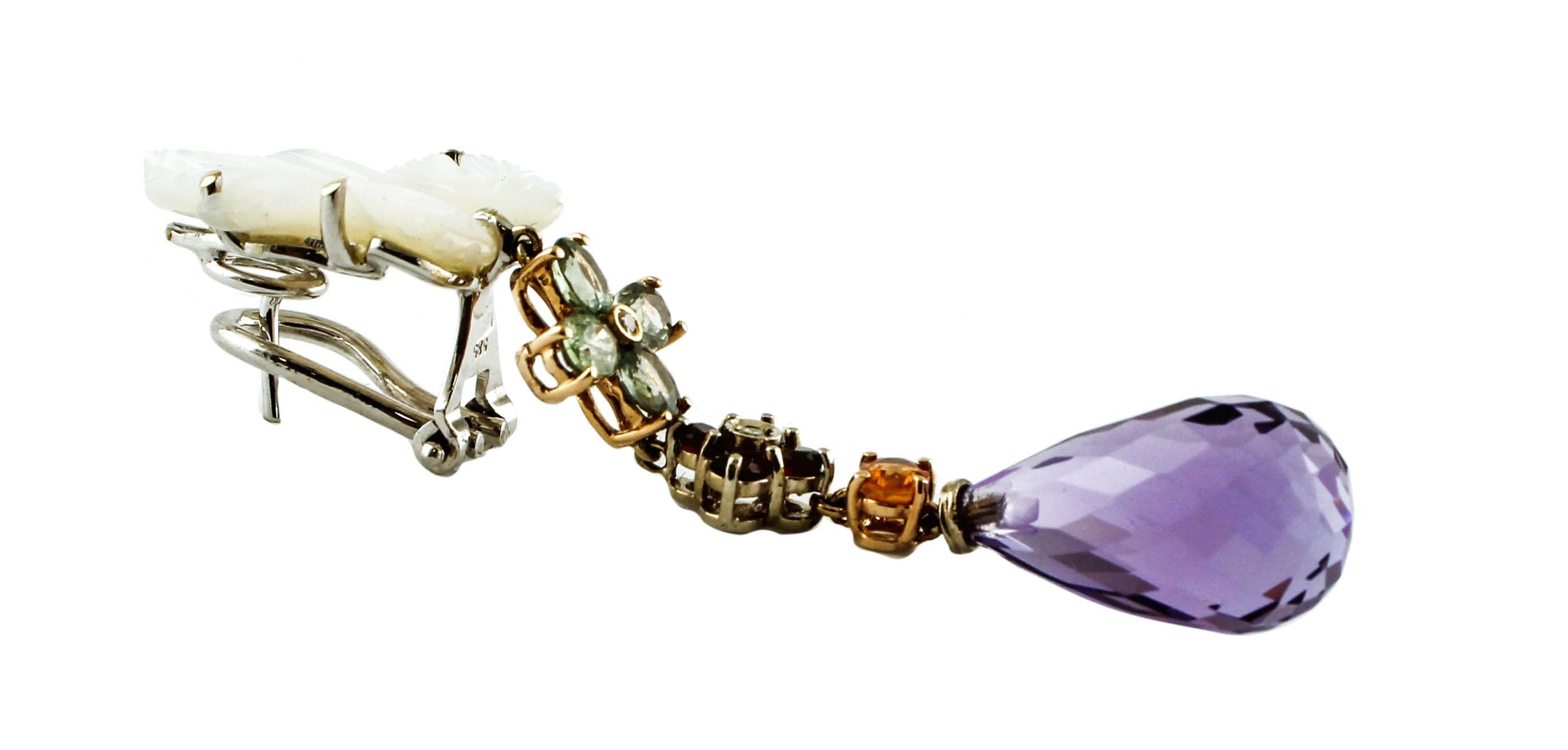 Retro Diamonds, Sapphires, White Stones, Hydro. Amethyst, 14 Karat Gold Earrings For Sale