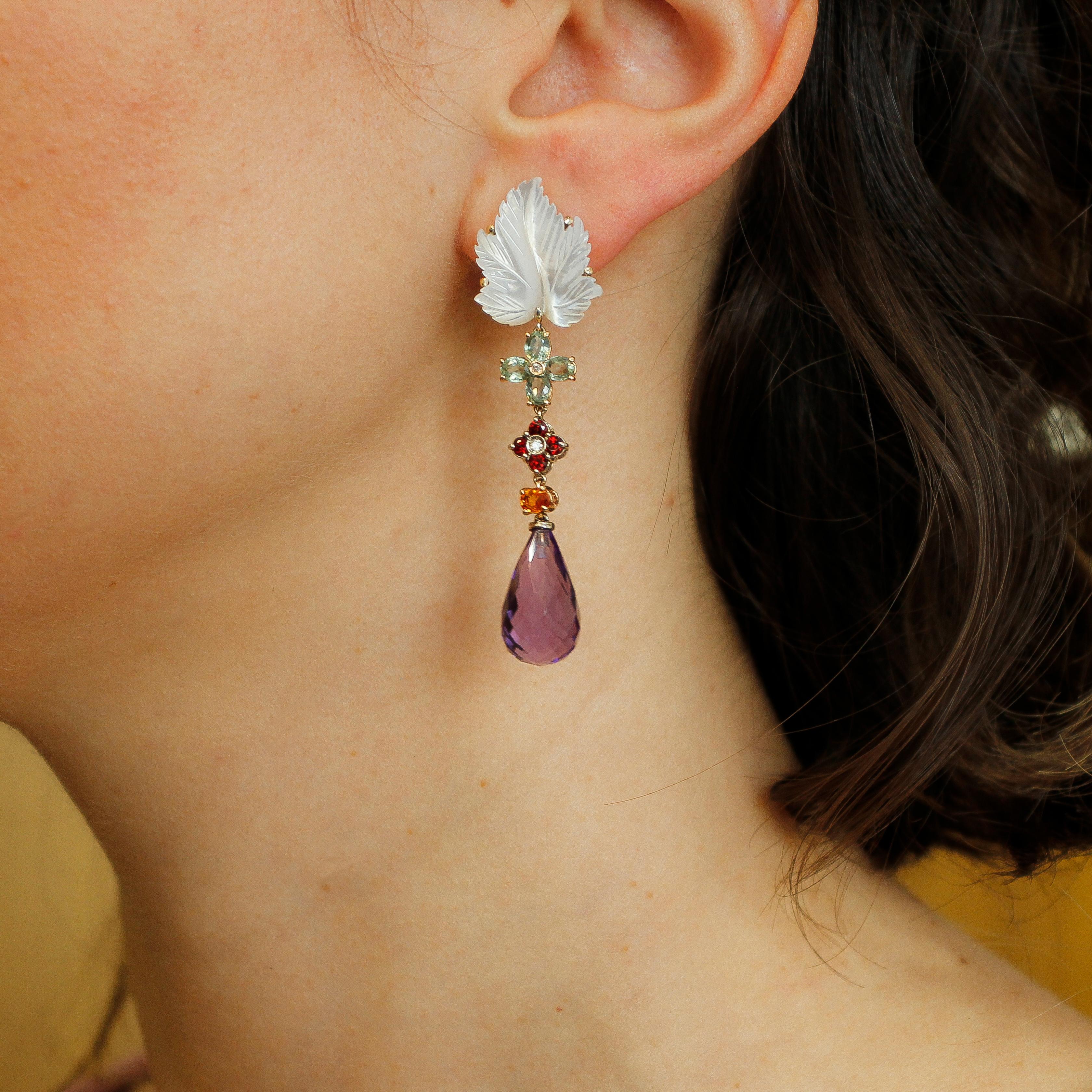 Women's Diamonds, Sapphires, White Stones, Hydro. Amethyst, 14 Karat Gold Earrings For Sale