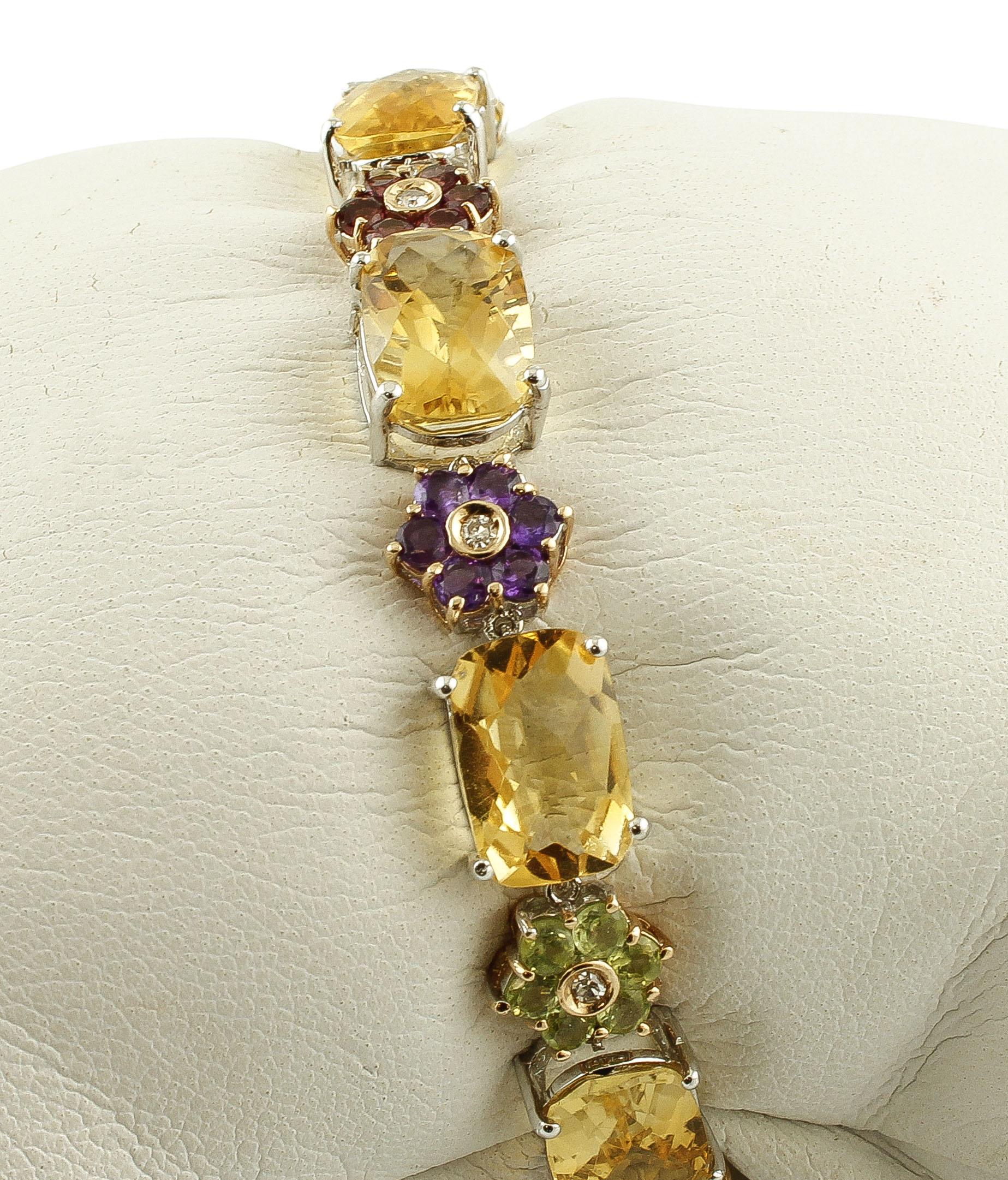 Diamonds, Sapphires, Topazes, Amethysts, Garnets Peridots 14 Karat Gold Bracelet (Retro) im Angebot