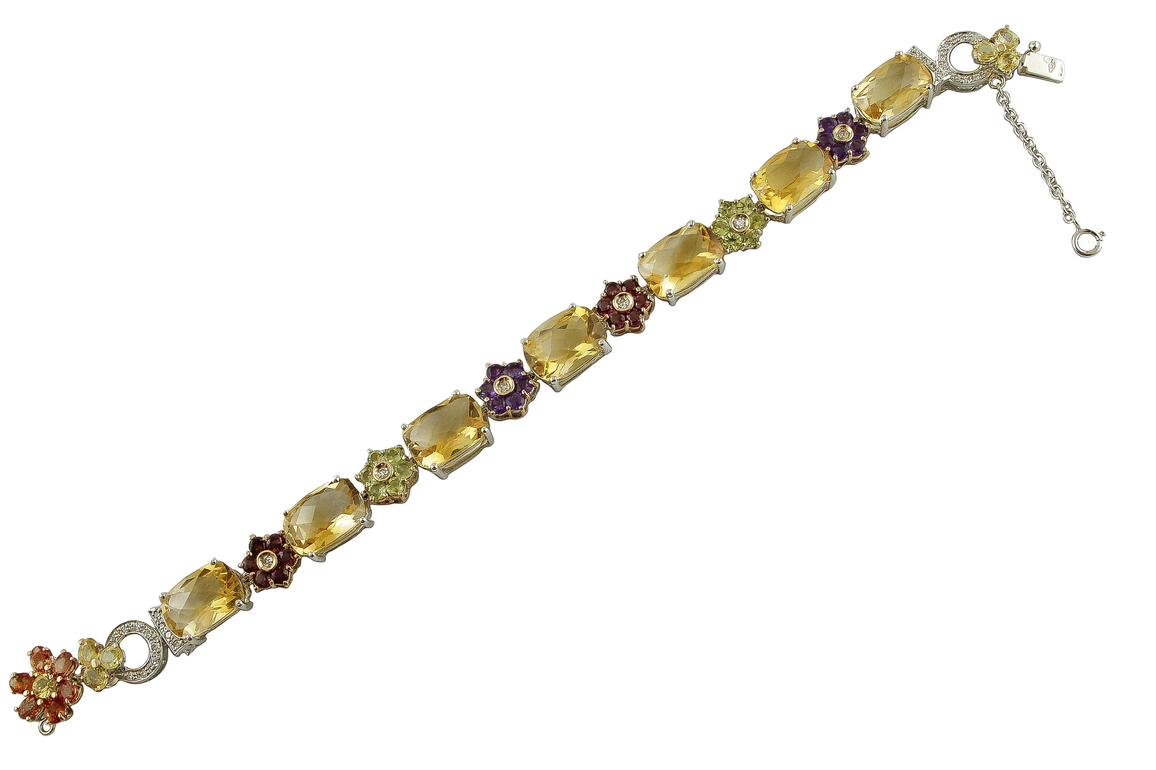 Mixed Cut Diamonds, Sapphires, Topazes, Amethysts, Garnets Peridots 14 Karat Gold Bracelet For Sale