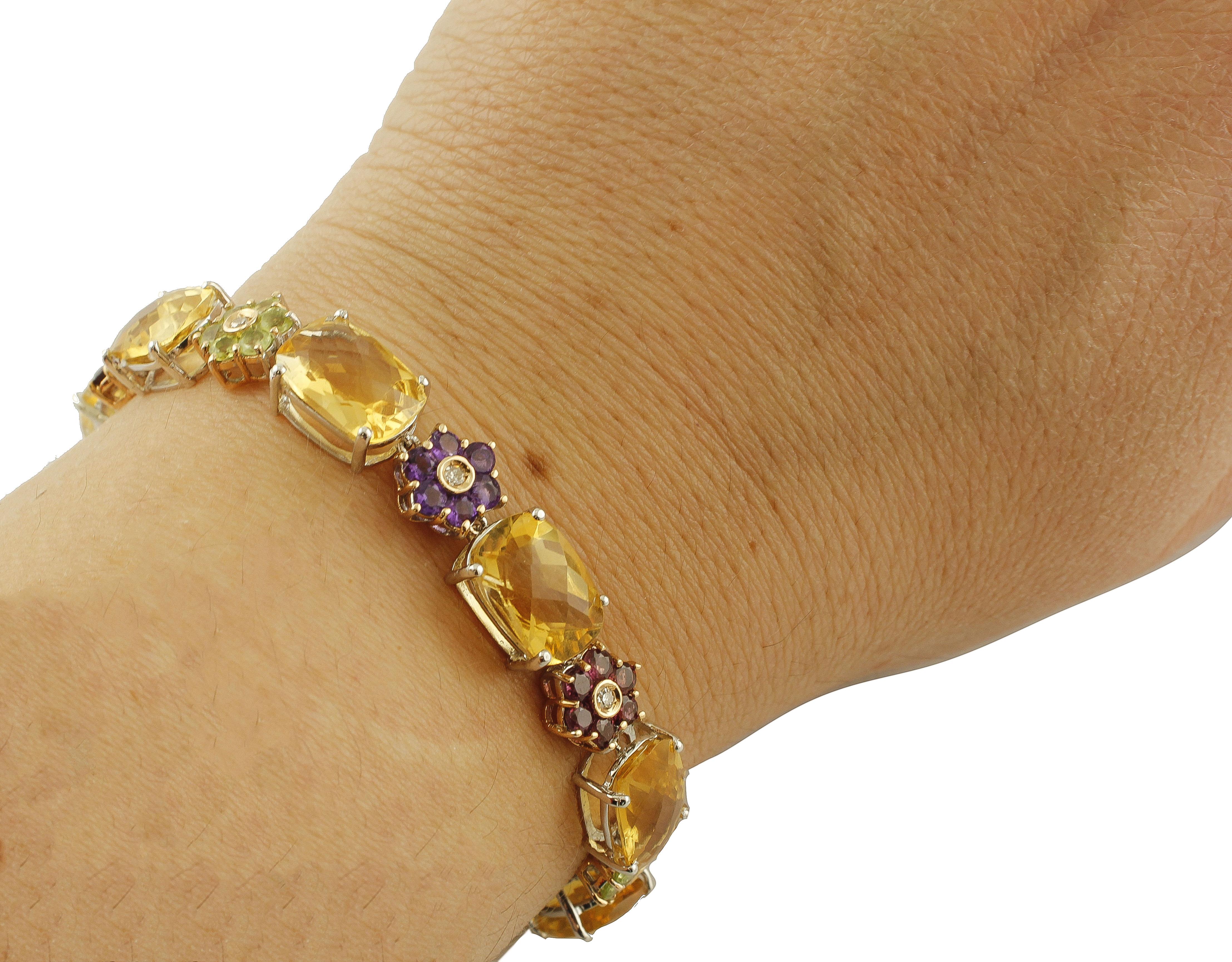 Women's Diamonds, Sapphires, Topazes, Amethysts, Garnets Peridots 14 Karat Gold Bracelet For Sale