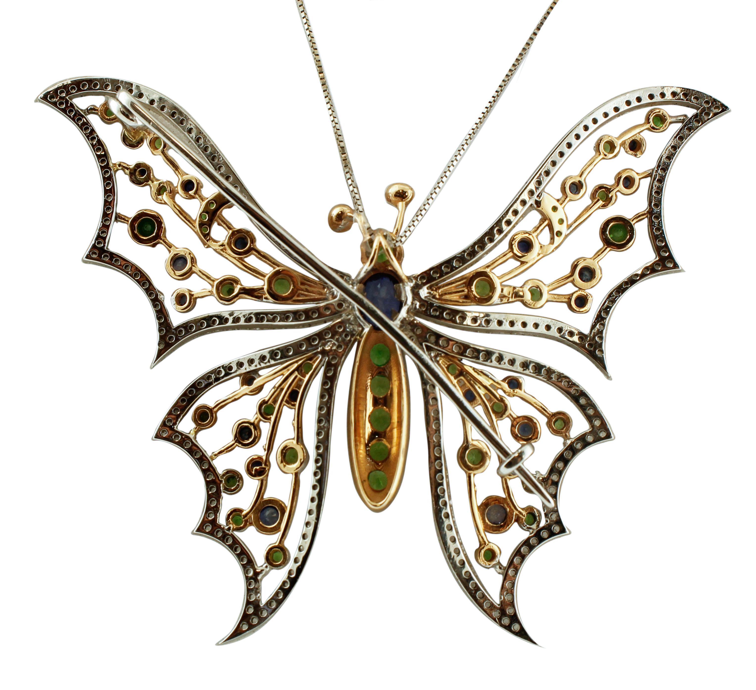 Diamonds, Sapphires, Tsavorite, 14 Kt White Yellow Gold Butterfly Brooch Pendant In Good Condition In Marcianise, Marcianise (CE)