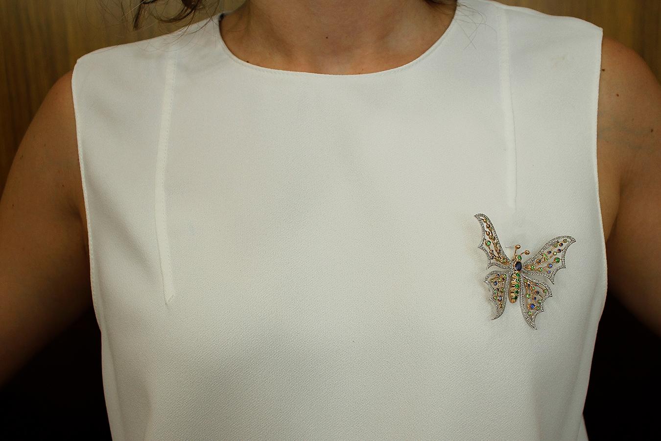 Women's Diamonds, Sapphires, Tsavorite, 14 Kt White Yellow Gold Butterfly Brooch Pendant