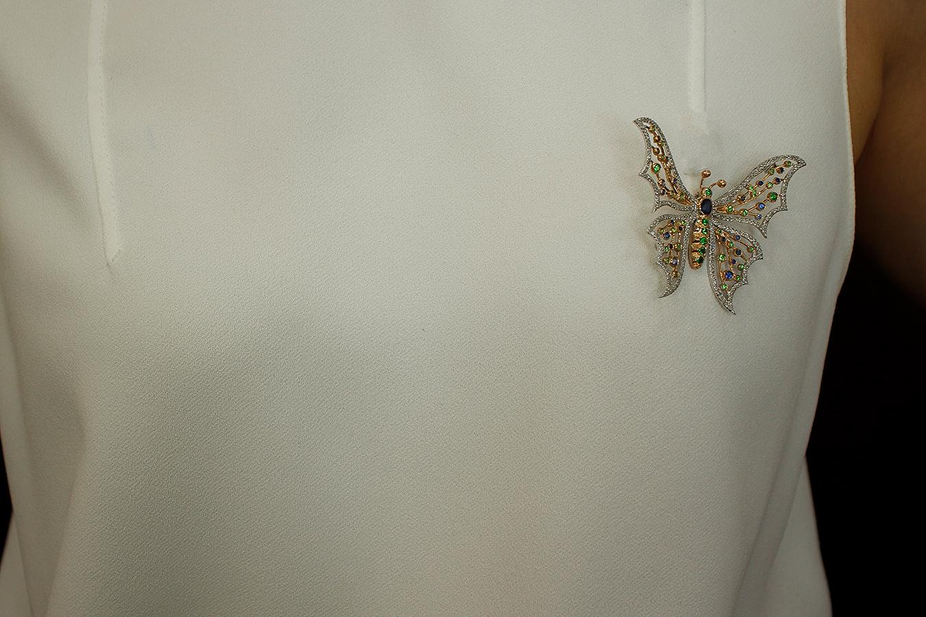 Diamonds, Sapphires, Tsavorite, 14 Kt White Yellow Gold Butterfly Brooch Pendant 1