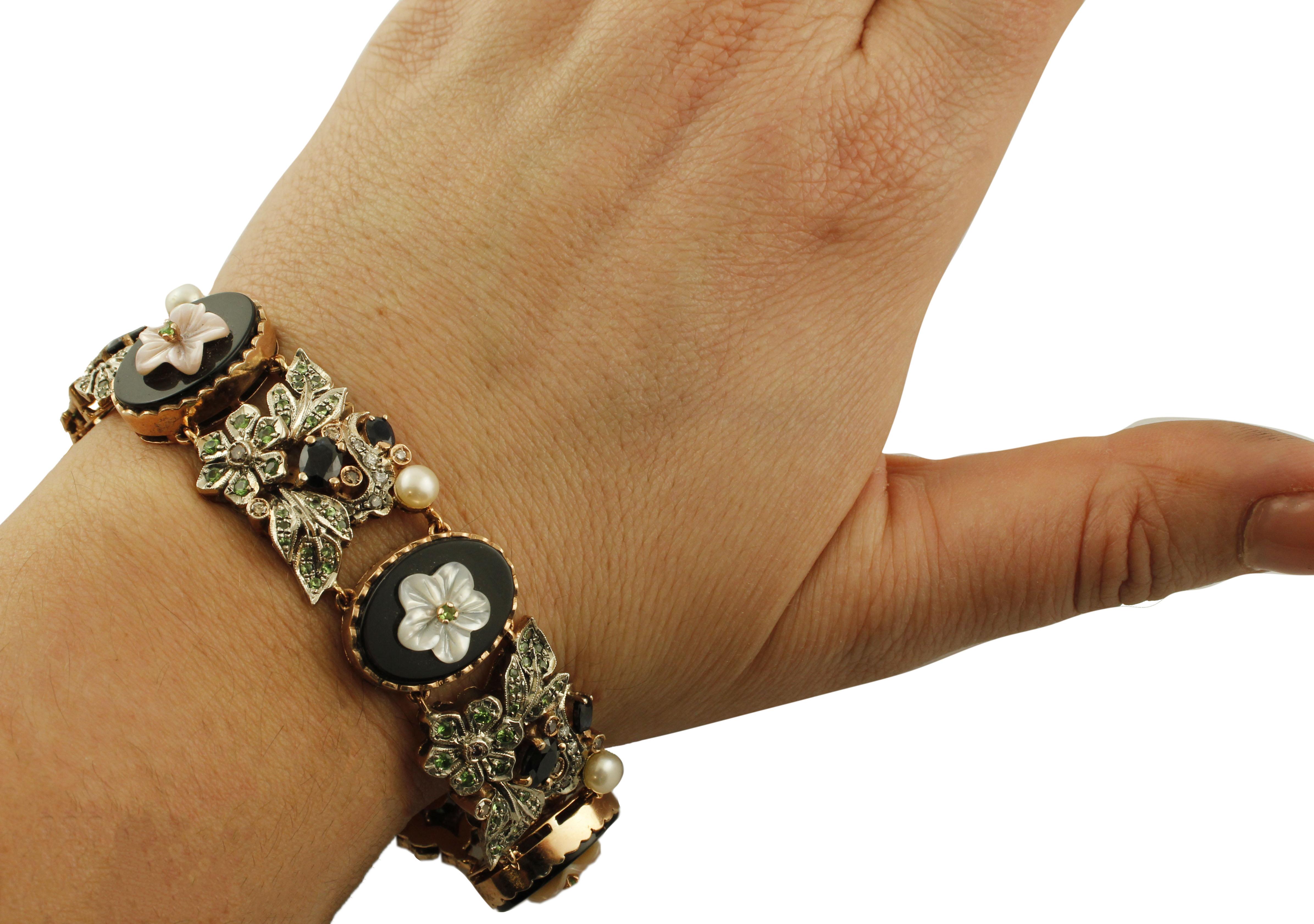 Women's Diamonds, Sapphires, Tsavorites, Stones, Pearl Gold Silver Bracelet For Sale