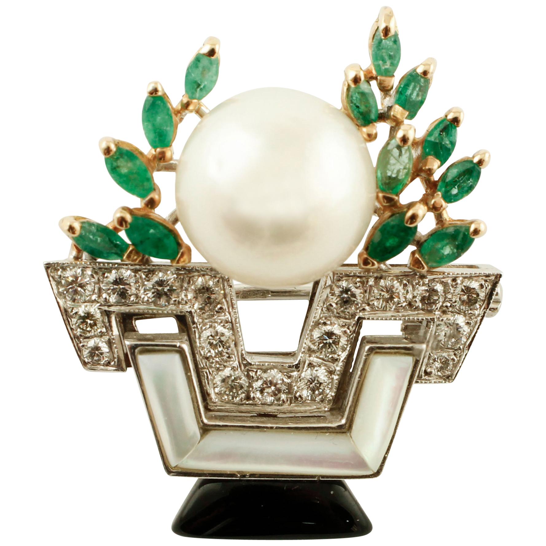 Onyx Peridot Emerald Diamond Gold Pendant Brooch For Sale at 1stDibs