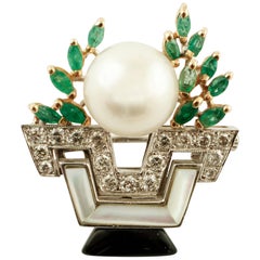 Diamonds,South Sea Pearl,Emeralds,Onyx,Mother of Pearl, 14k Gold, Brooch/Pendant