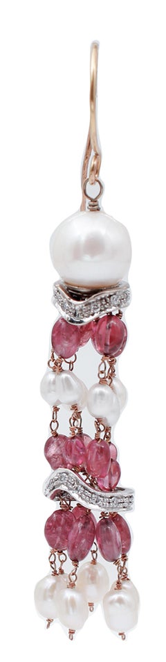 Diamonds, Stones, Pearls, 14 Karat Rose and White Gold Dangle Earrings