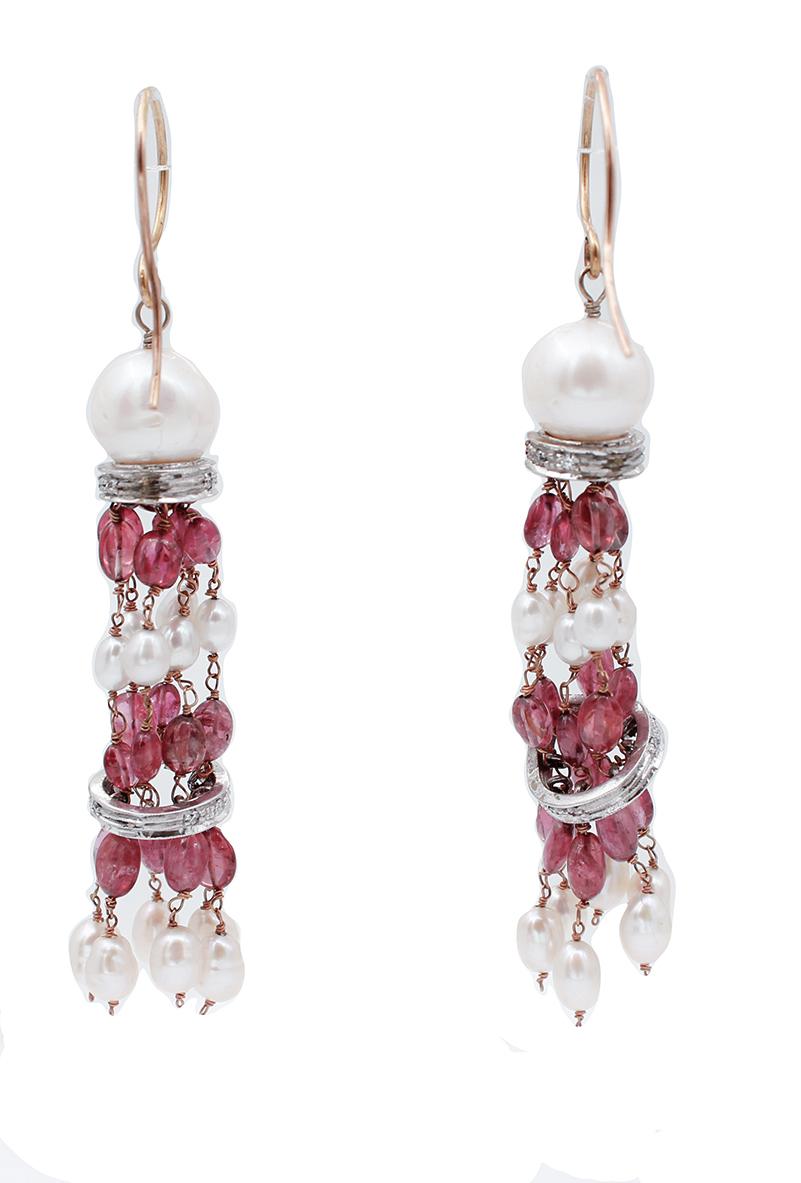 Retro Diamonds, Stones, Pearls, 14 Karat Rose and White Gold Dangle Earrings For Sale