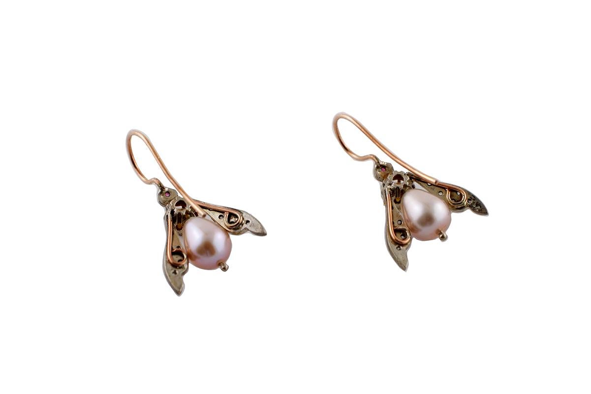 Round Cut Diamonds, Topaz, Rubies, Pearls, 9 Karat Rose Gold and Silver Retrò Earrings