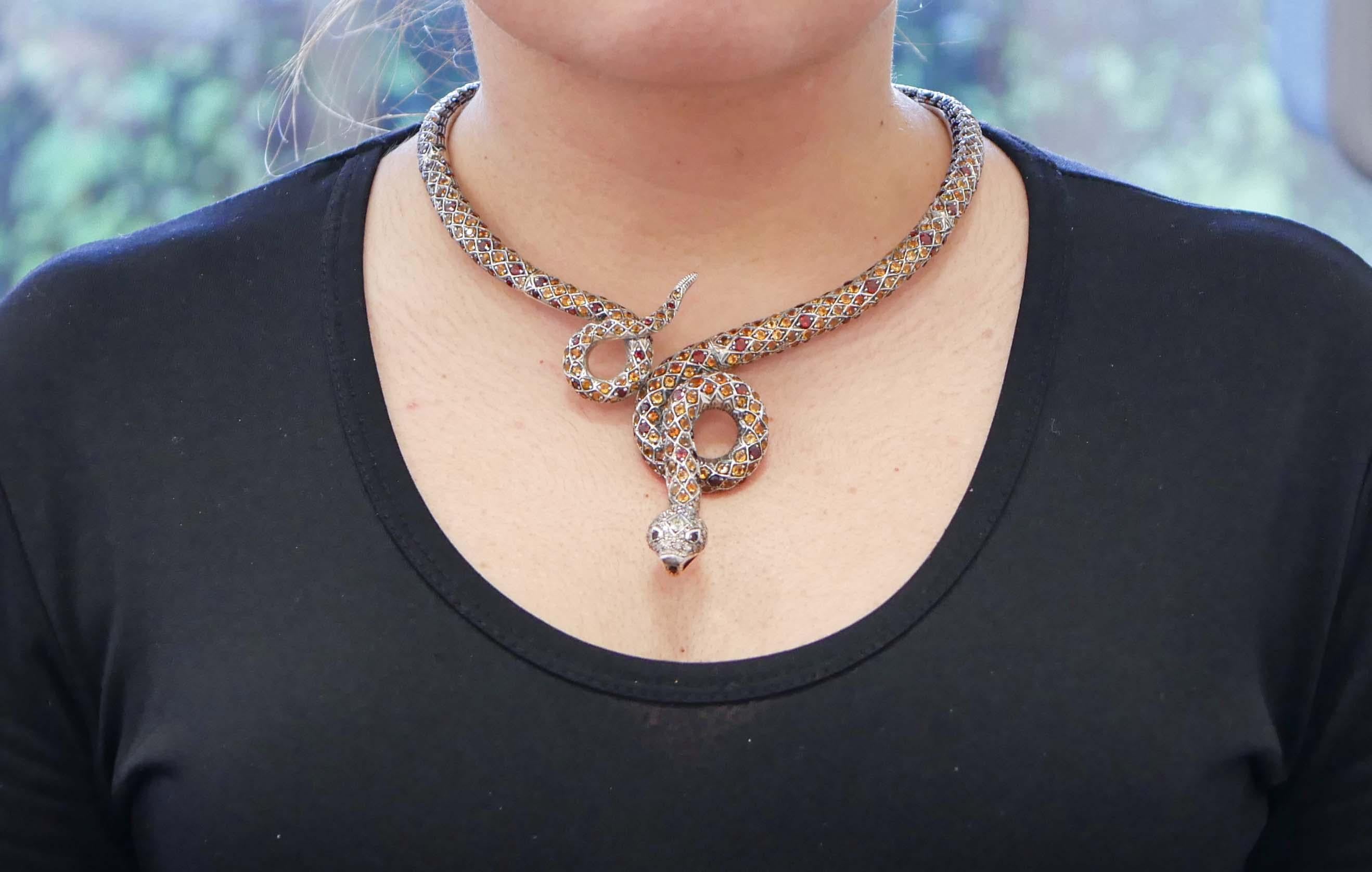 Mixed Cut Diamonds, Topazs, Garnets, Rose Gold and Silver Snake Necklace
