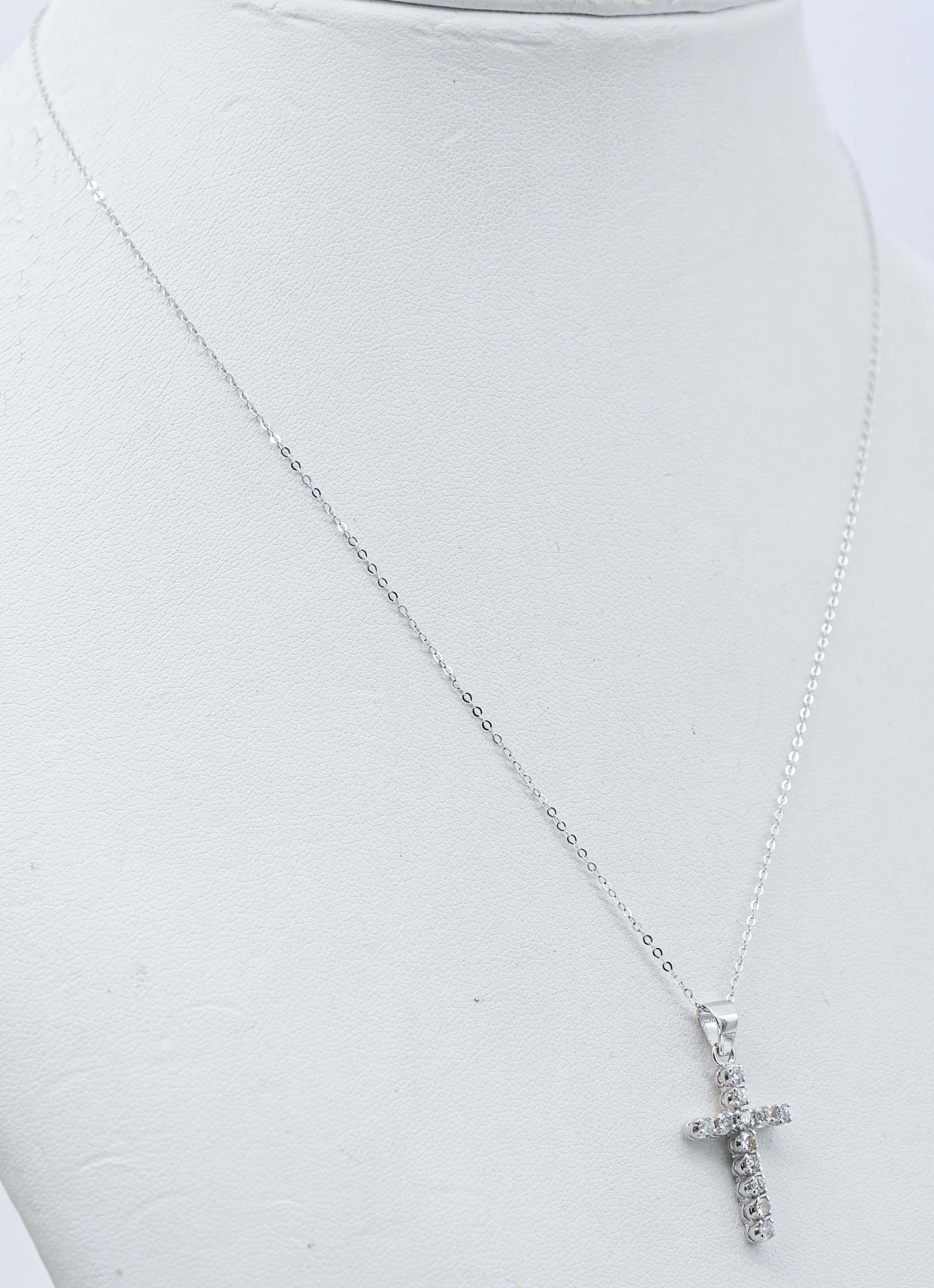 Retro 0.42 Carats Diamonds, White Gold Cross Pendant Necklace. For Sale