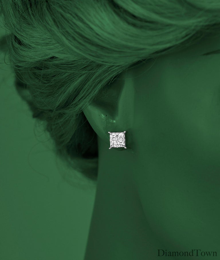 Round Cut DiamondTown 0.83 Carat Diamond Cluster Stud Earrings in 14 Karat White Gold For Sale
