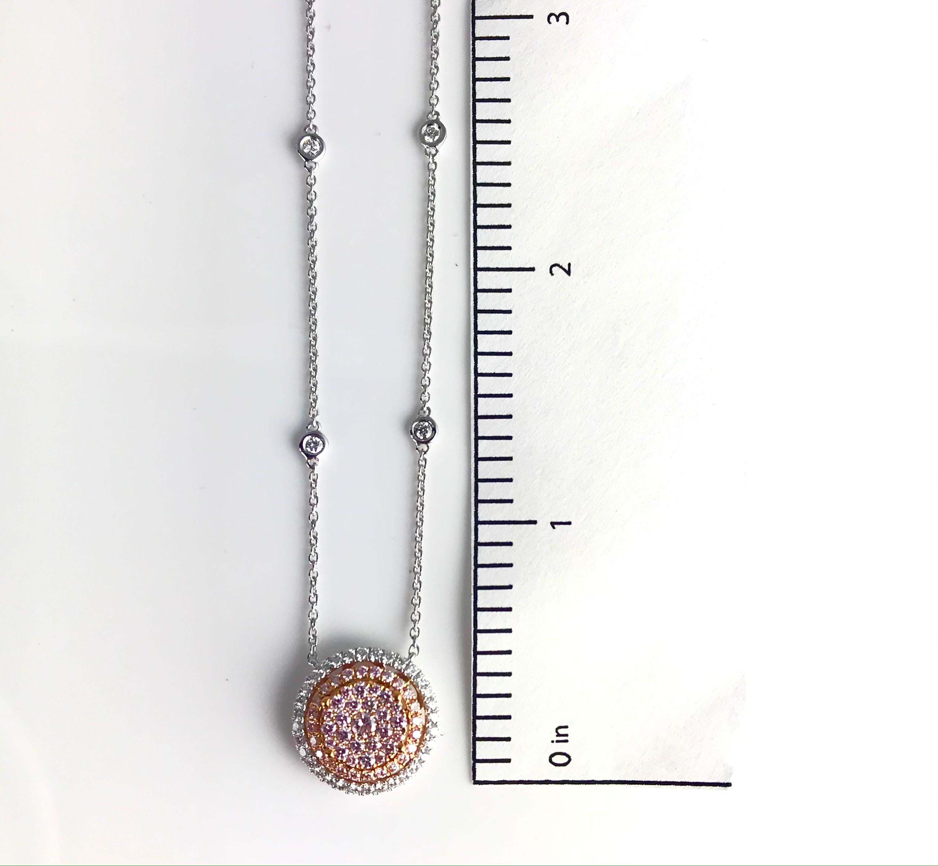 Contemporary 0.85 Carat Natural Pink Diamond Round Pendant in 18k Rose and White Gold ref1995 For Sale