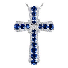 DiamondTown 0.92 Carat Vivid Blue Sapphire and Diamond Embellished Cross Pendant