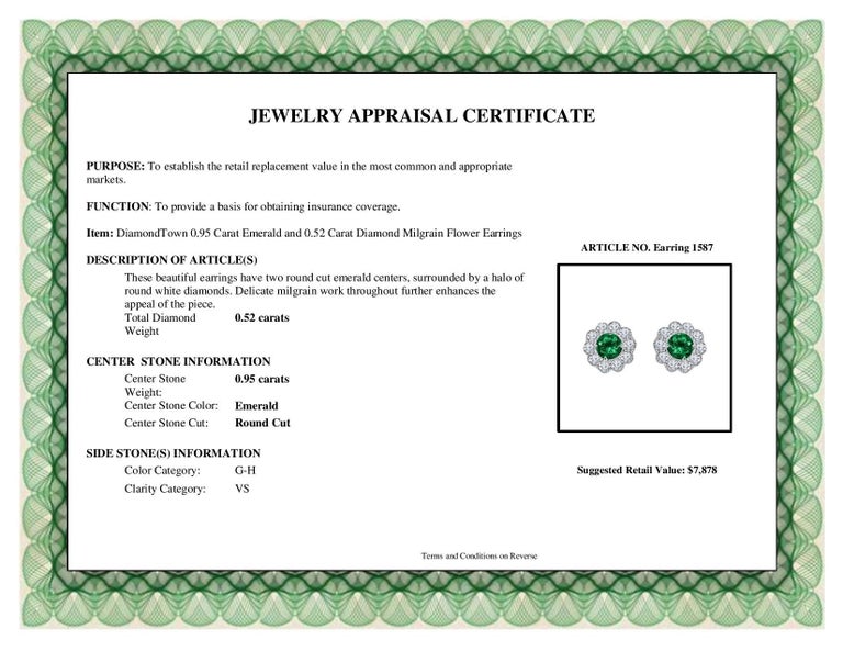 Women's DiamondTown 0.95 Carat Emerald and 0.52 Carat Diamond Milgrain Flower Earrings For Sale