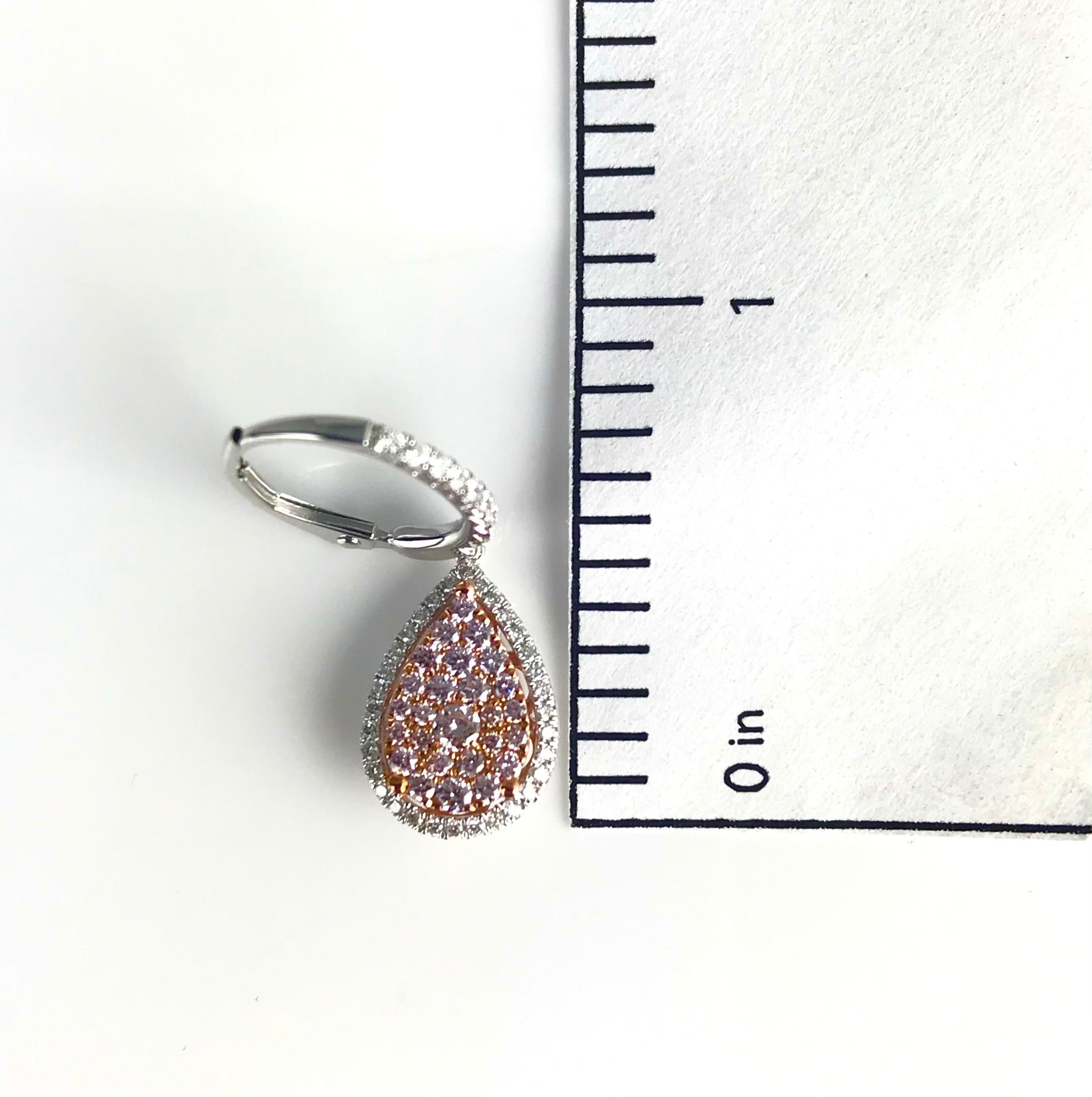 Contemporary 0.95 Carat Natural Pink Diamond Pear Shape Lever-Back Earrings in 18k ref1572 For Sale
