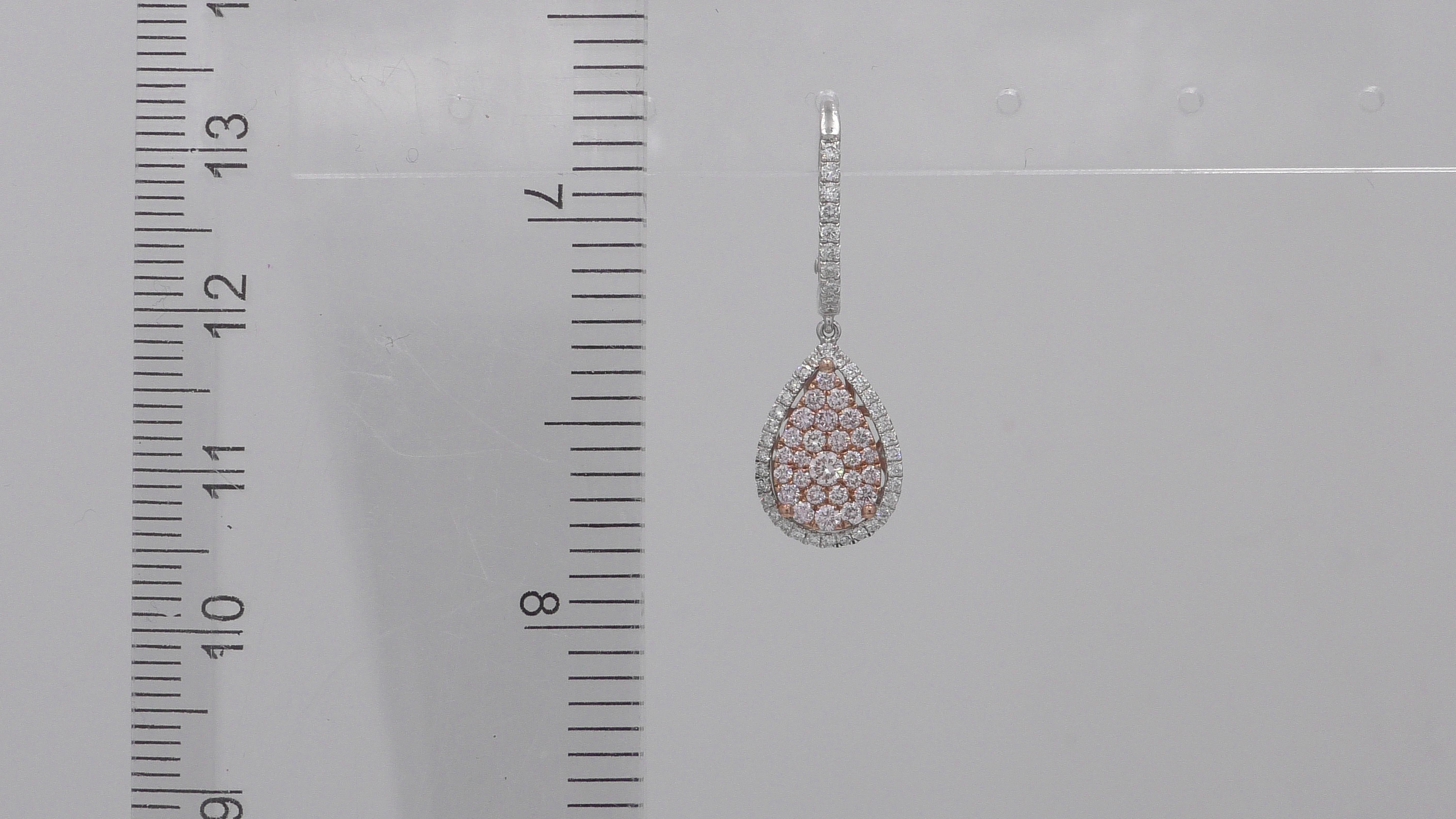Round Cut 0.95 Carat Natural Pink Diamond Pear Shape Lever-Back Earrings in 18k ref1572 For Sale