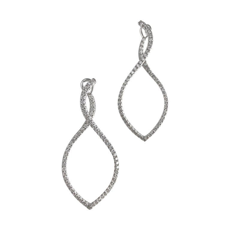 DiamondTown 0.98 Carat Swirl Hoop Earrings in 14 Karat White Gold For Sale