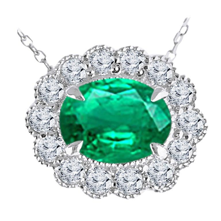 1.16 Carat Oval Cut Emerald and 0.35 Ct Natural Diamond Milgrain Flower ref1971 For Sale