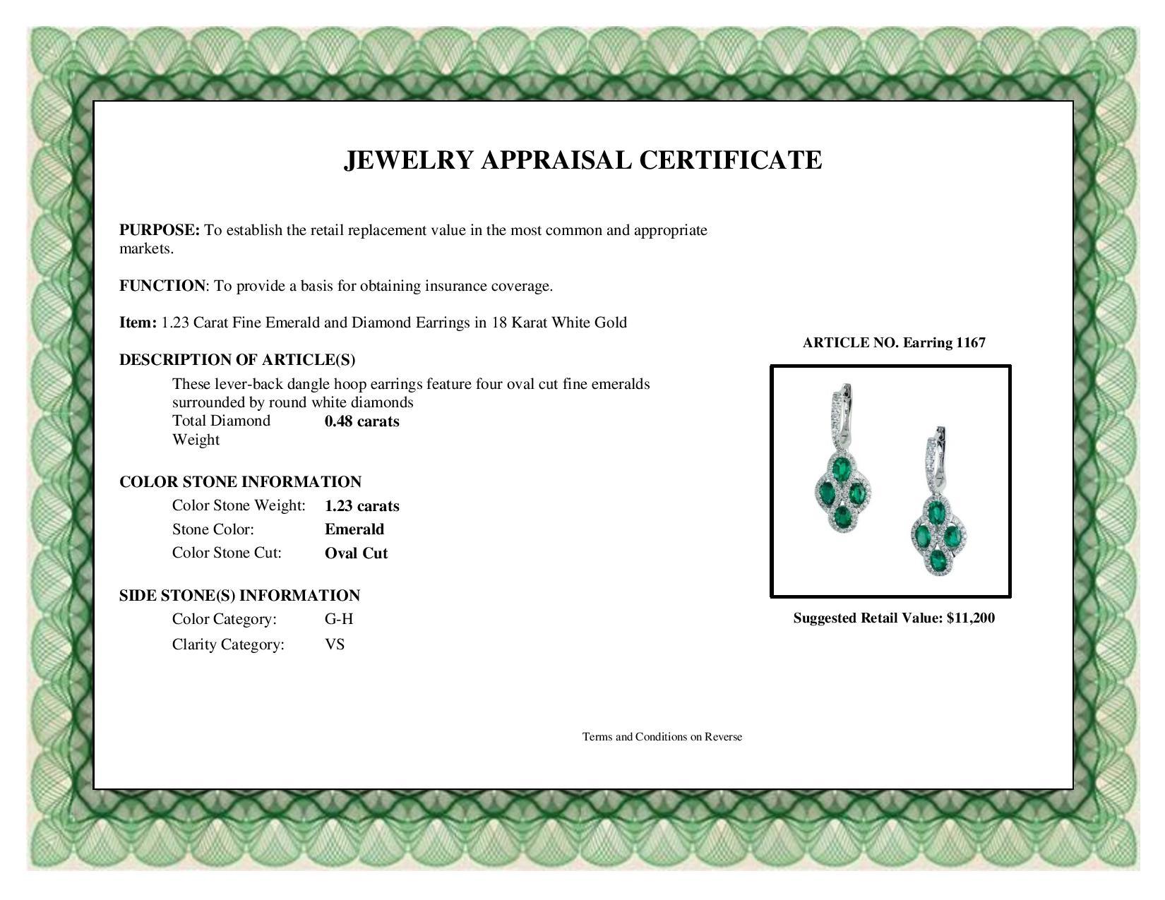 Oval Cut Diamond Town 1.23 Carat Fine Emerald and Diamond Earrings in 18 Karat White Gold